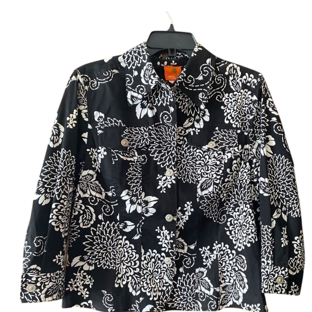 Hearts of Palm Black White Floral Print Button‎ Front Jacket Blazer Size 12